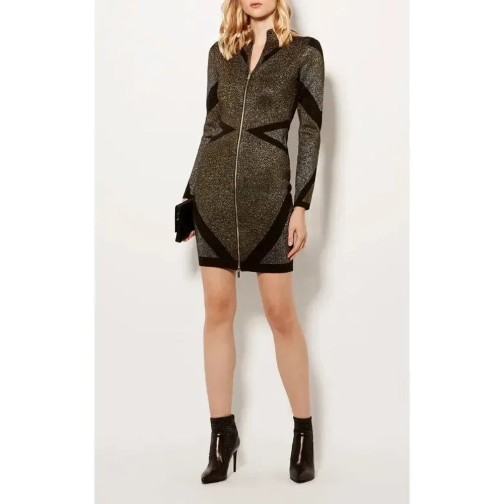 Karen Millen Metallic Bandage Knit Bodycon Dress Front Zip Gold Black UK S 4-6 - Picture 3 of 16